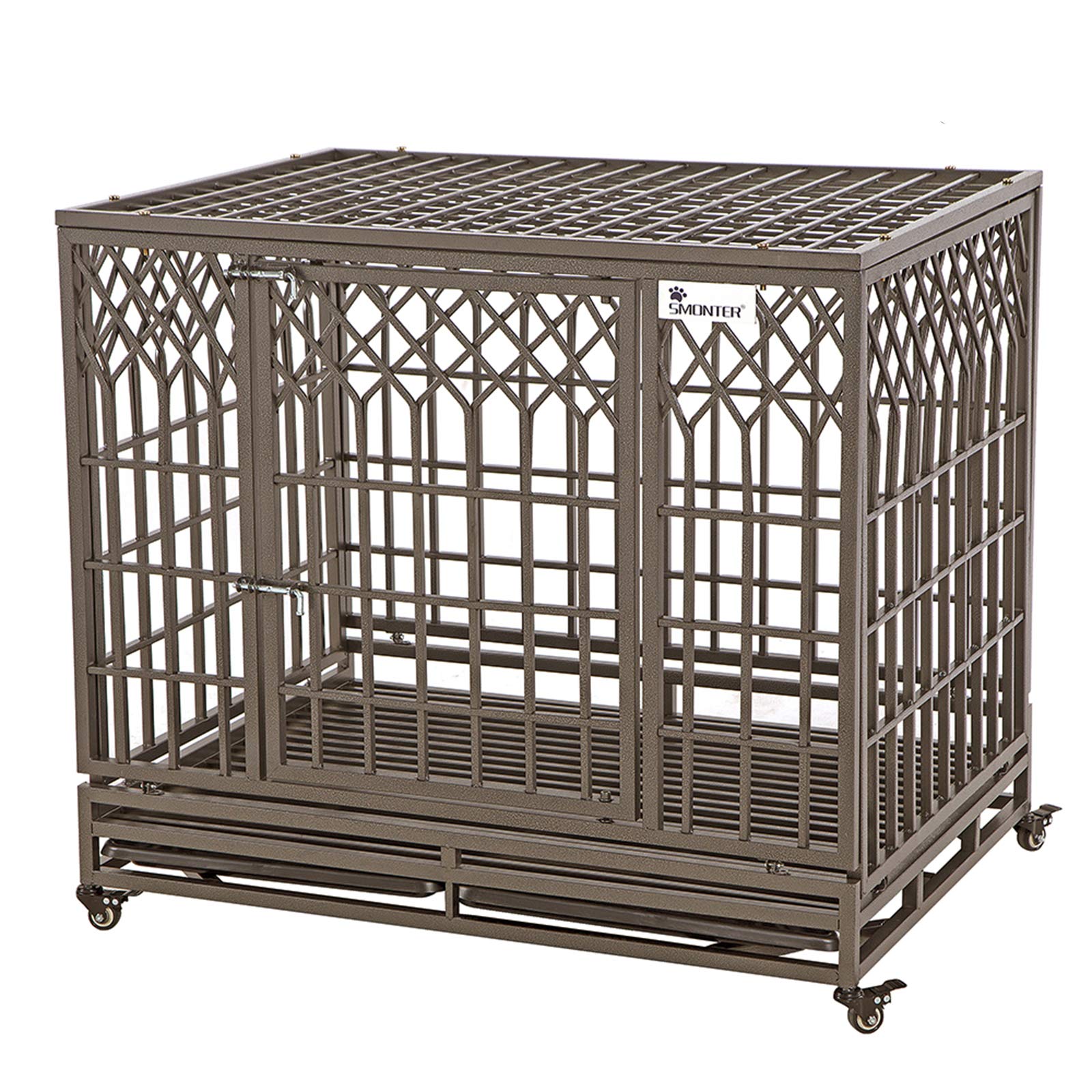 SMONTER Heavy Duty Dog Crate Strong Metal Pet Kennel Playpen with Two ... - Anti Escape Dog Crate Lock
