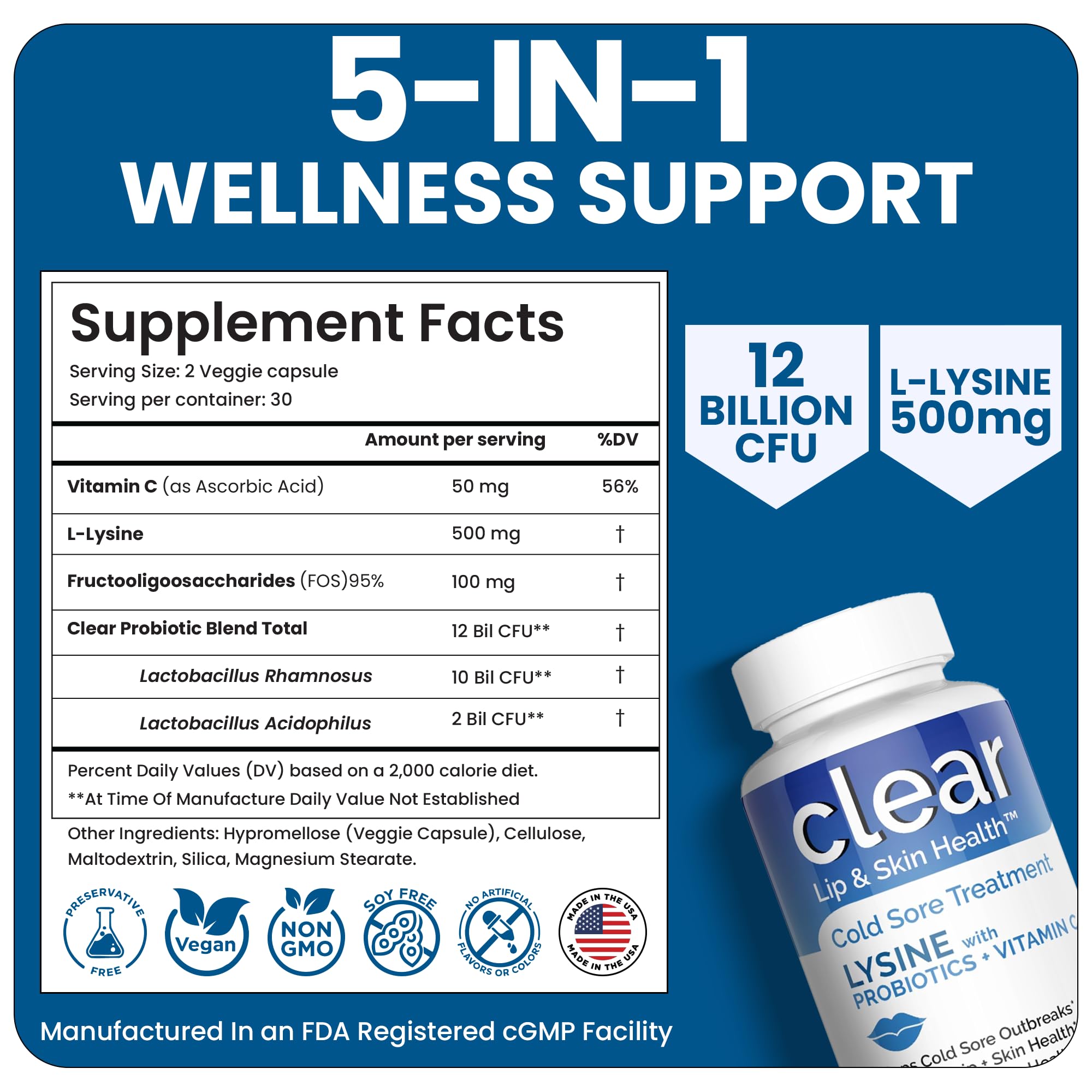 Lysine Cold Sore Treatment for Lips with Pre-Probiotics & VIT C | 1 Month Supply | Supercharged Lysine Capsules with Rhamnosus & Acidophilus for Cold Sores Relief, Skin + Gut Health & Immune Support