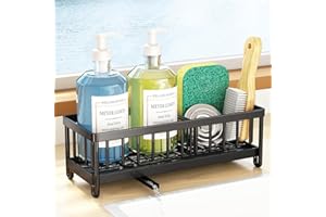SAYZH Sponge Holder for Kitchen Sink, Sink Caddy, Rustproof 304 Stainless Steel Dish Sponge Organizer with Divider, Sponge Holder for Kitchen Sink Counter, Soap Brush Holder Kitchen Sink Accessories Black