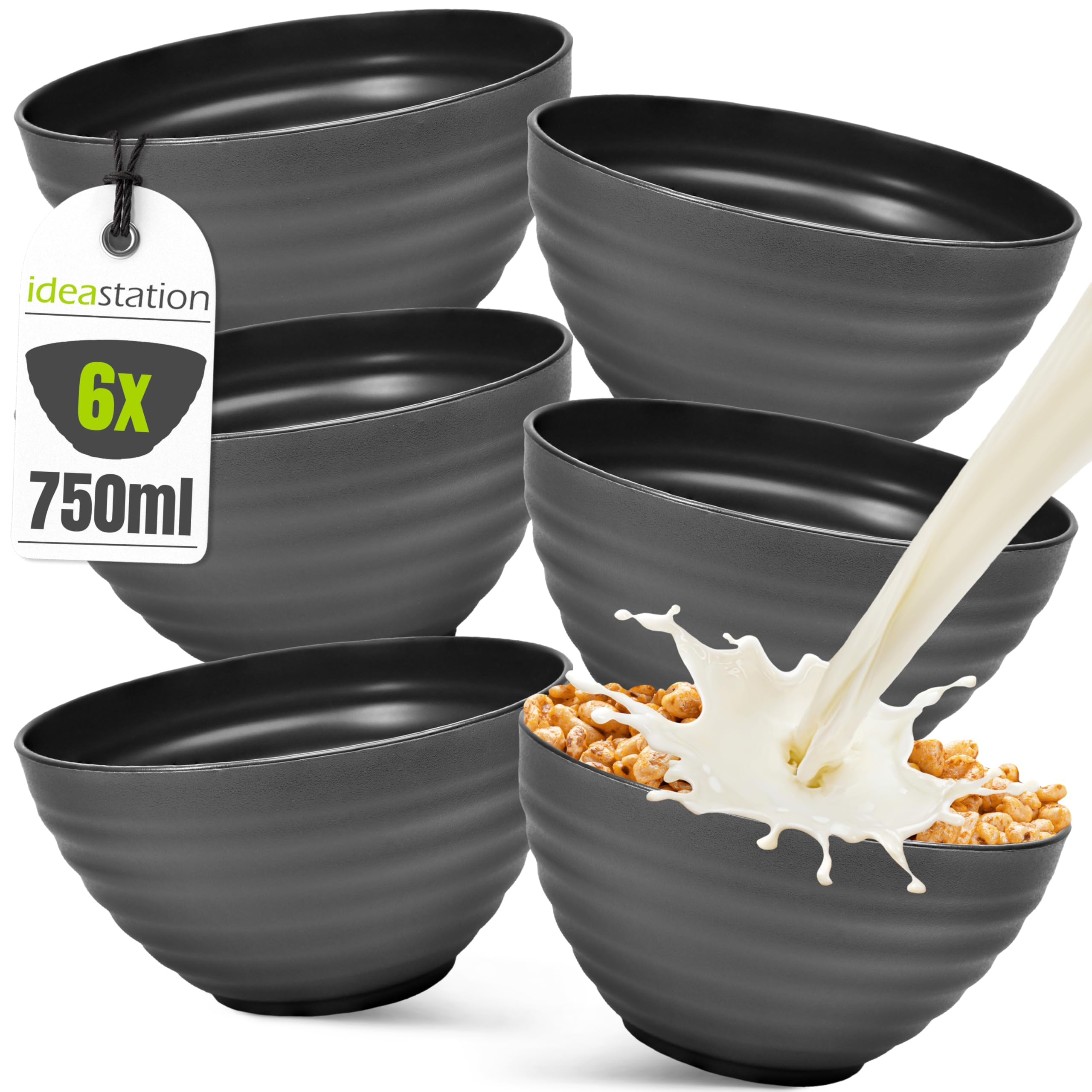 idea-station Plastic Bowls 6 Pieces 750 ml - Antracite - shatterproof Cereal Bowl - Reusable Ramen Bowl Set