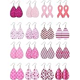 16 Pairs Breast Cancer Awareness Earrings Faux Leather Teardrop Earrings Lightweight Drop Dangle Earrings Handmade Pink Ribbon Earrings for Women