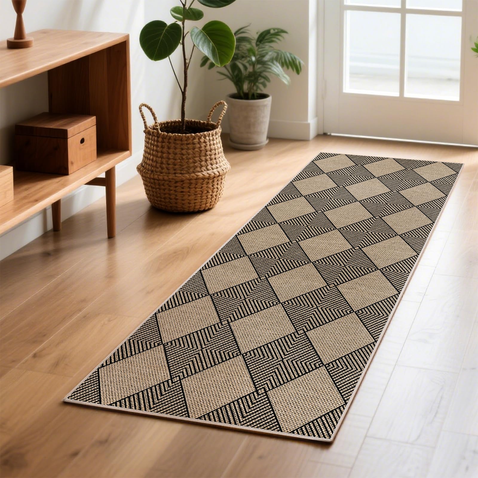 Photo 1 of SHACOS Easy Jute 2x5 ft Washable Runner Rug Non Slip Low Pile Woven Texture Geometric Diamond Farmhouse Rug for Entryway Hallway Patio Kitchen Porch Indoor Outdoor, Black Checkered