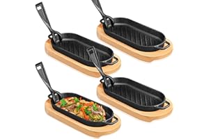 Yiyiring 4 Pcs Cast Iron Fajita Skillet Pan Set Sizzling Steak Plate with Wooden Base and Removable Handle Cast Iron Grill Fr