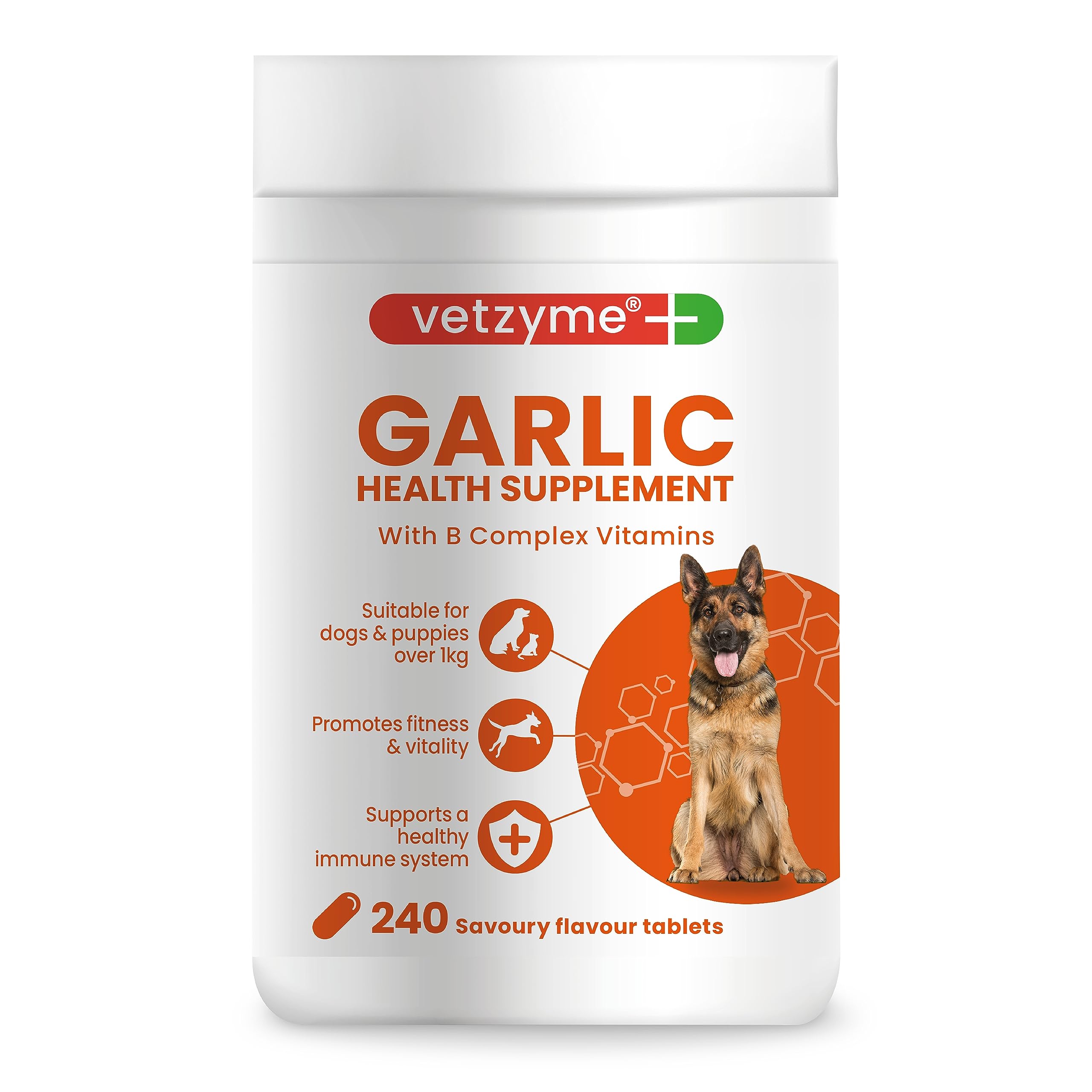 Vetzyme Garlic Health Supplement for Dogs (240 Tablets) - With B Complex Vitamins to Promote Fitness and Support a Healthy Immune System