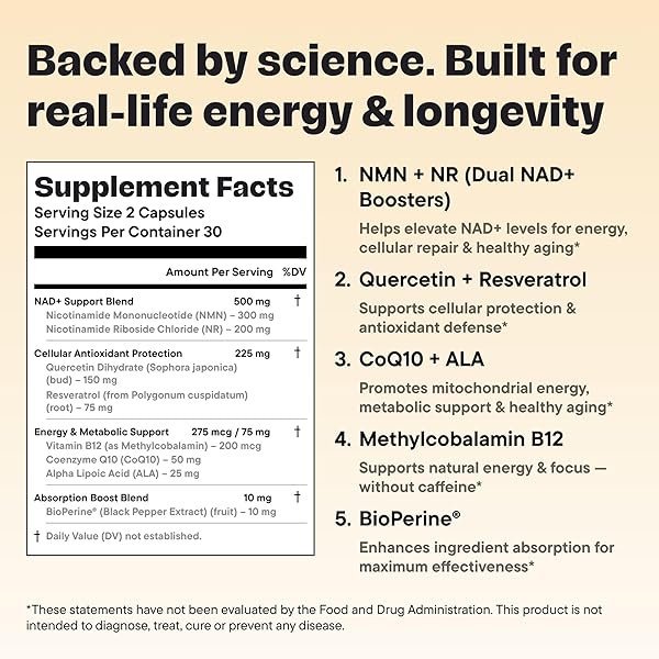VITALFORM NAD+ SUPPLEMENT WITH NMN & NICOTINAMIDE RIBOSIDE (NR) – ADVANCED CELLULAR ENERGY & HEALTHY AGING COMPLEX – WITH RESVERATROL, COQ10, QUERCETIN & BIOPERINE – 60 VEGAN CAPSULES
