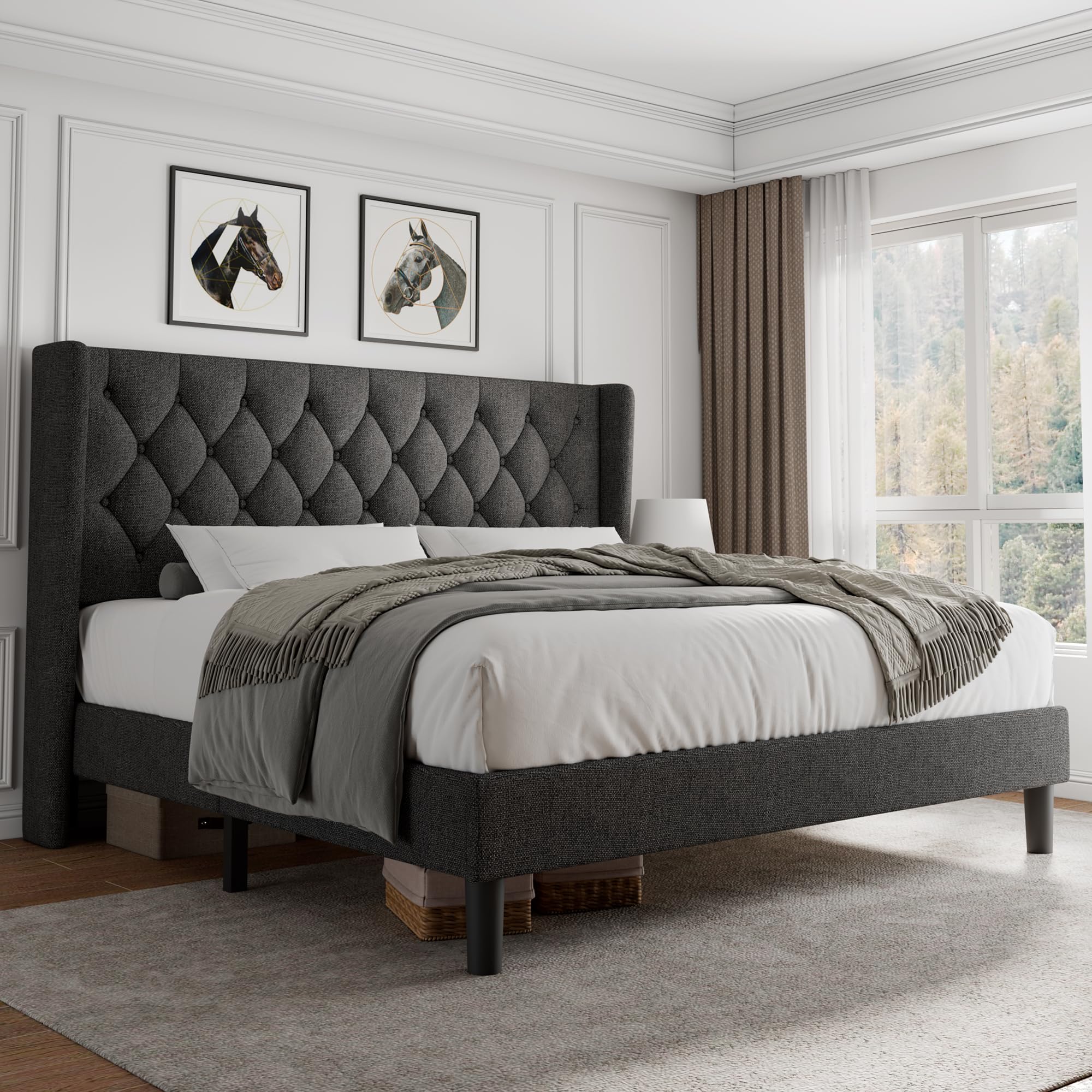 iPormis King Size Platform Bed Frame with Button Tufted Headboard, Upholstered Bed Frame with Solid Wooden Slats, 8" Underbed Space, No Box Spring Needed, Noise Free, Easy Assembly, Dark Gray