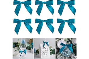 AIMUDI Twist Tie Bows for Treat Bags 3.5" Teal Blue Satin Ribbon Bows for Crafts Premade Bows with Twist Ties for Christmas Cake Pop Candy Apple Small Bows for Gift Wrapping Wedding Decor, 50 PCs
