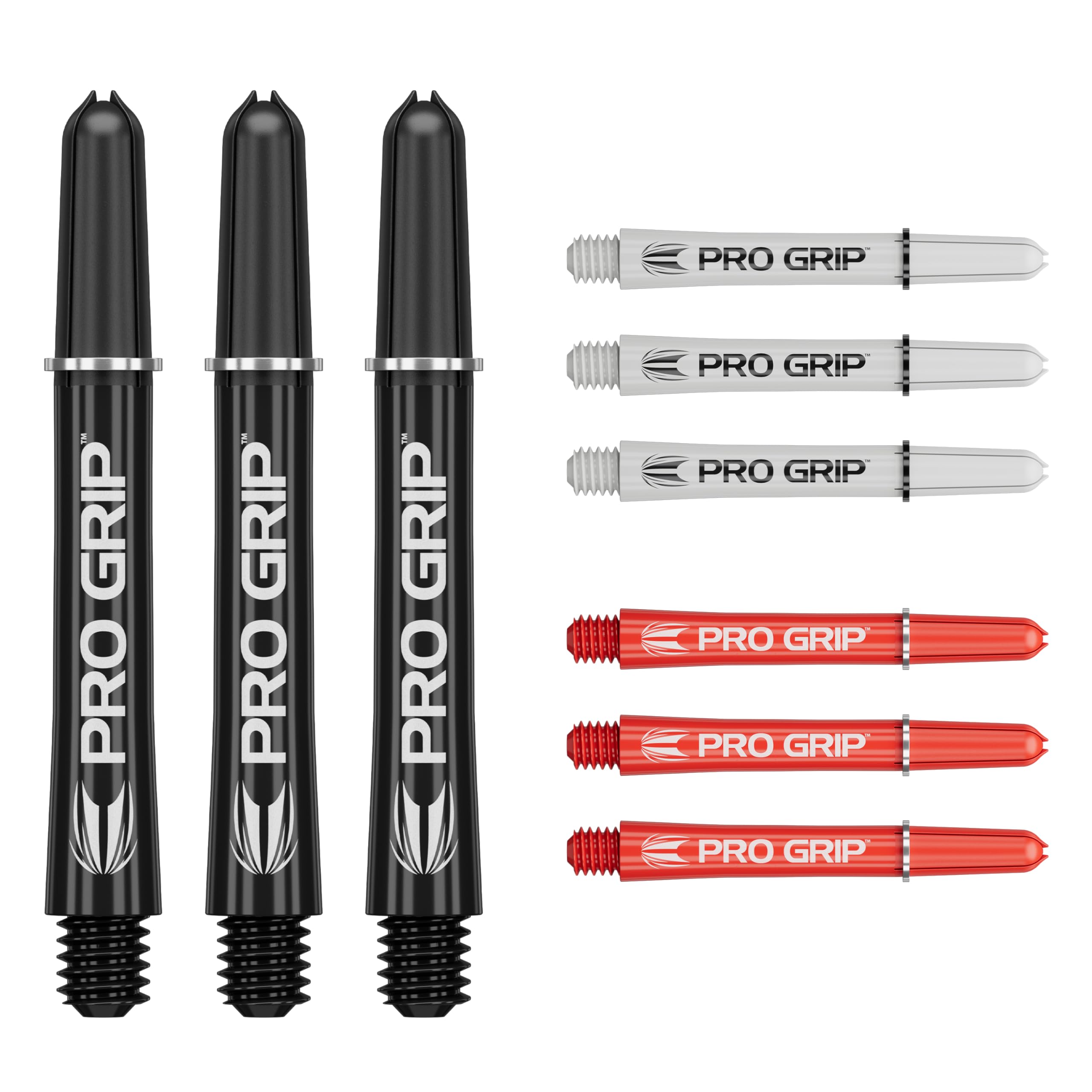 Target Darts Pro Grip Shafts – Set of 9 | 3 Colours, Black/White/Red | Intermediate, 41mm | Dart Stems, Professional Darts Accessories, 2BA Shaft Multipack with Rings