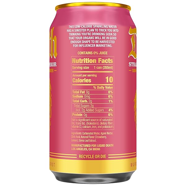 LIQUID DEATH SODA-FLAVORED SPARKLING WATER – STRAWBERRY TERROR, LESS SUGAR*, HUGE FLAVOR, NO CAFFEINE, NO ARTIFICIAL SWEETENERS, 12 FL OZ (PACK OF 12)