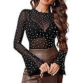 Avidlove Women Mesh Tops Rhinestone Tops Long Bell Sleeve Blouses Glitter Shirts Sexy Clubwear Outfits S-XXL
