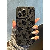 Jusnfu for iPhone 16 Pro Max Case 6.9 Inch 2024, Aesthetic Rose Floral Print Phone Case for Women Girls Men, Silicone Protective Phone Cover for iPhone 16 Pro Max, Black Flower