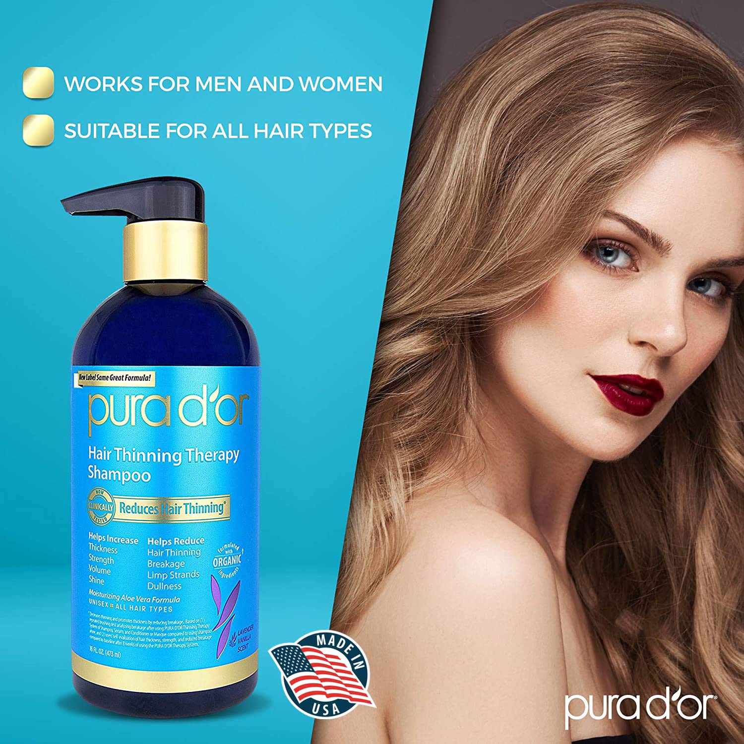 PURA D'OR Hair Thinning Therapy Biotin Shampoo VANILLA LAVENDER Scent (16 oz) w/Argan Oil, Herbal DHT Blockers, Zero Sulfates, Natural Ingredients For Men & Women, All Hair Types (Packaging may vary) : Beauty