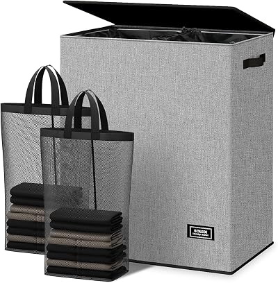 SOLEDI 145L Laundry Basket with Lid 2 Compartment Removable Bags Grey