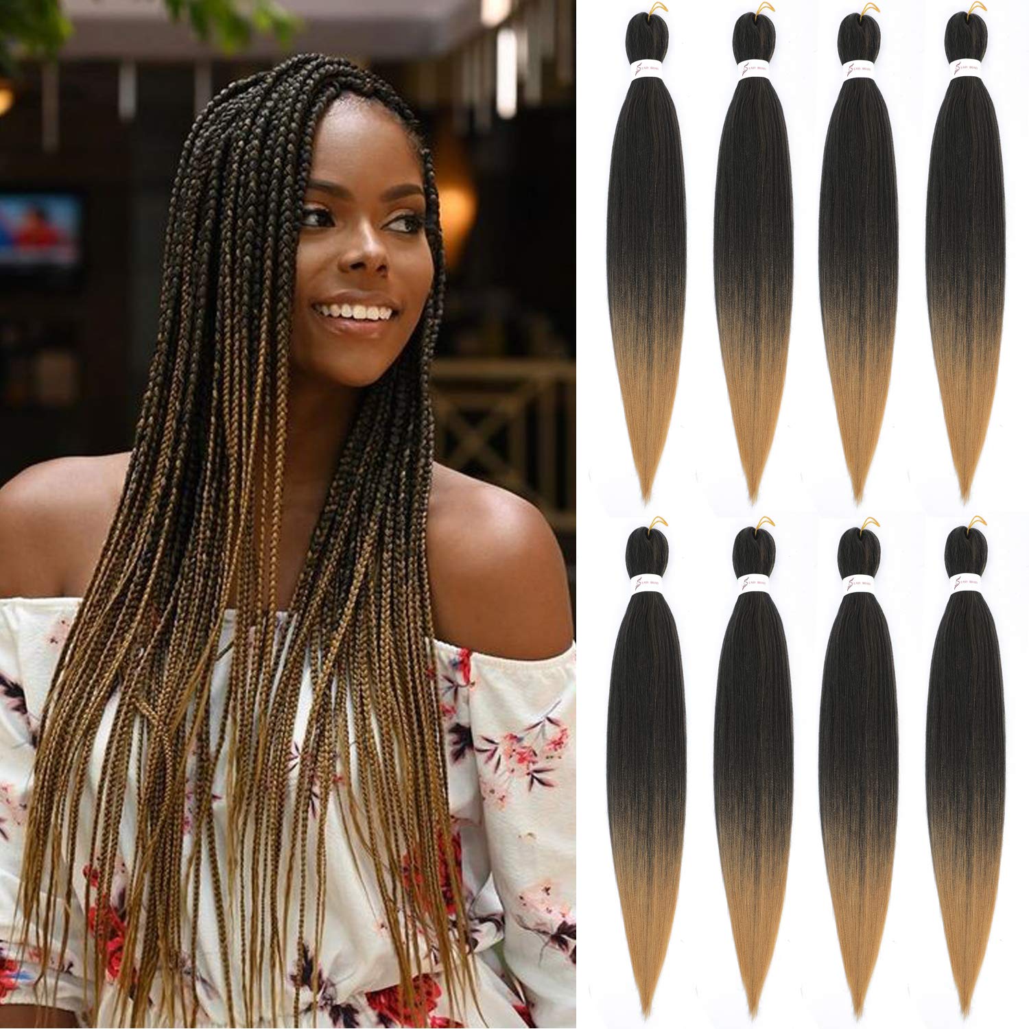Originea 8 Packs Pre Stretched Braiding Hair 26 inch Yaki Texture EZ Braids Extensions Hair for Braiding Hot Water Setting Synthetic Hair Extensions (#T1B/27)