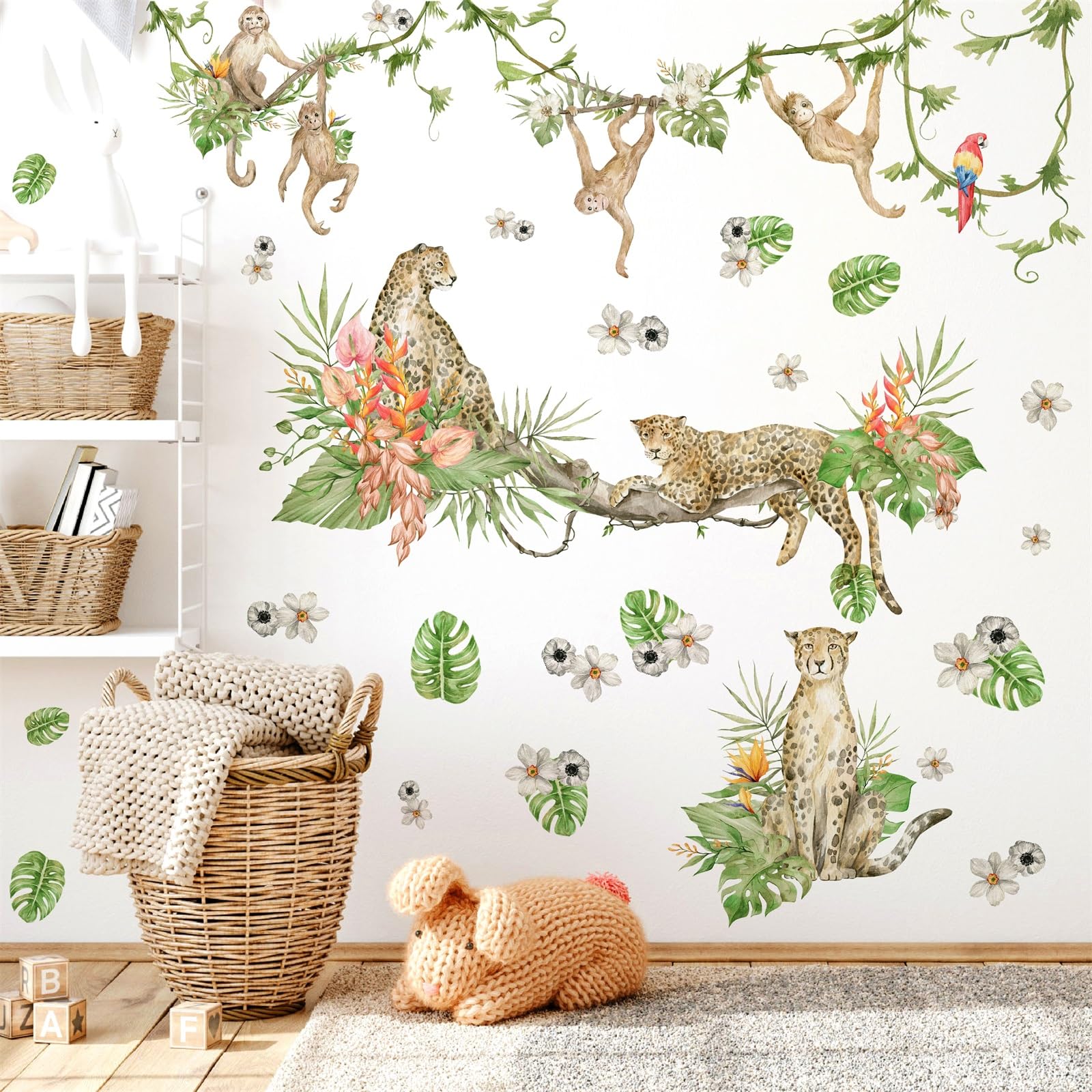 Safari Animals Wall Stickers Nursery Wall Decals Jungle Animals Wall Stickers Baby Boys Girls Room Decals Wall Decor Removeable Tiger Monkey Wall Art Decals for Kids Bedroom Living Room Playroom Decor