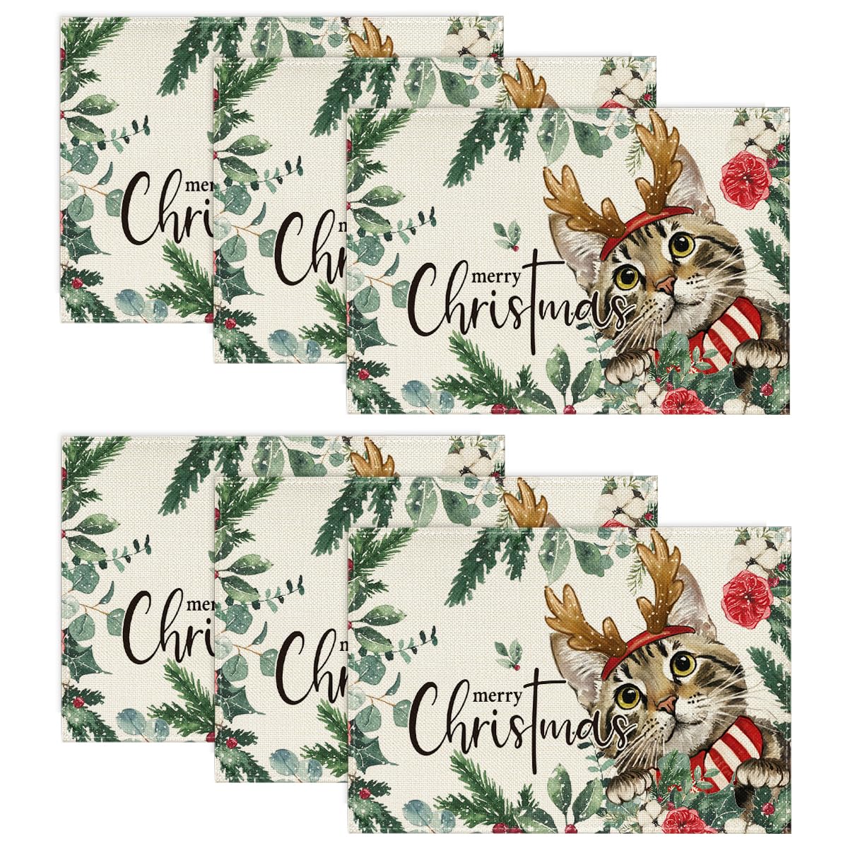 Artoid Mode Holly Flowers Antler Cat Eucalyptus Christmas Placemats Set of 6, 30 x 45cm Seasonal Winter Xmas Holiday Vintage Washable Table Mats