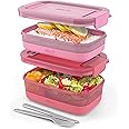 Ello 2-Pack Lunch Stack Plastic Food Storage Container Bento Box with Airtight, Leak-Proof Locking Plastic Lids and Silicone Base, BPA-Free, Freezer, Microwave, and Dishwasher Safe