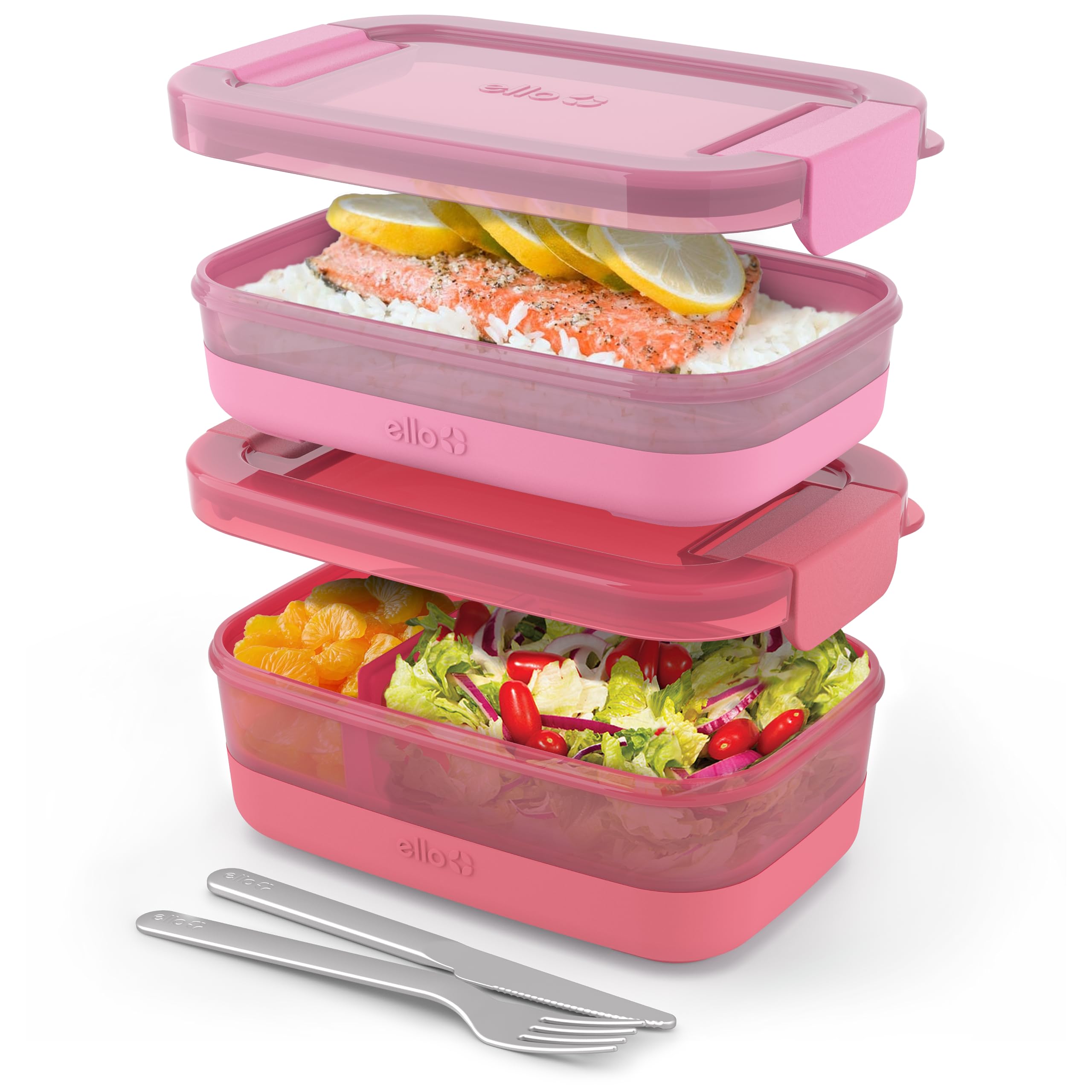 Ello 2-Count Lunch Stack Plastic Food Storage Container Bento Box with Airtight, Leak-Proof Locking Plastic Lids and Silicone Base, BPA-Free, Freezer, Microwave, and Dishwasher Safe Guava(Pack of 6) Image