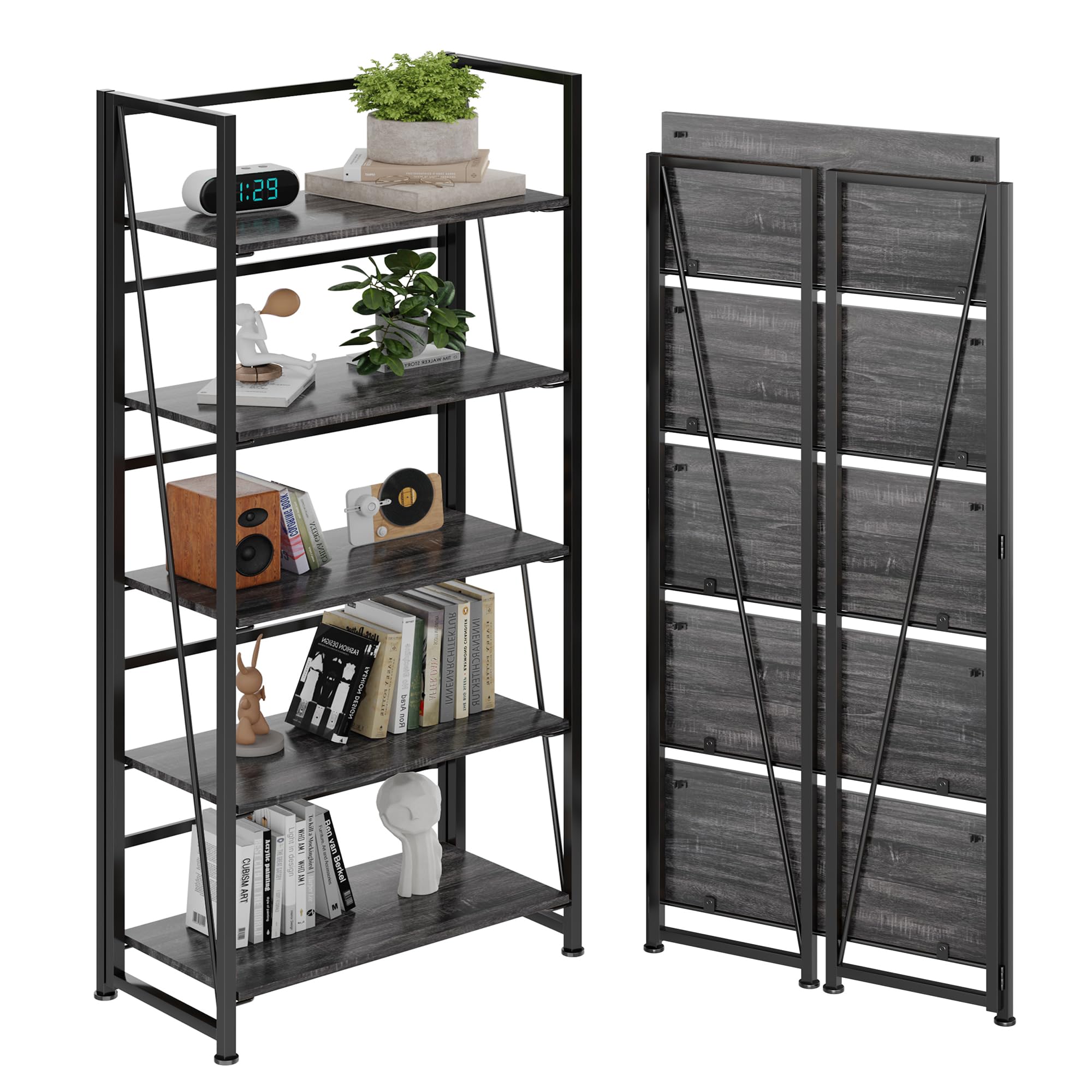 Photo 1 of BHG Vintage Multifunctional Folding Bookshelf, No-Assembly Plant Stand Storage Rack Shelves for Home Office (Gray, 5-Tier)