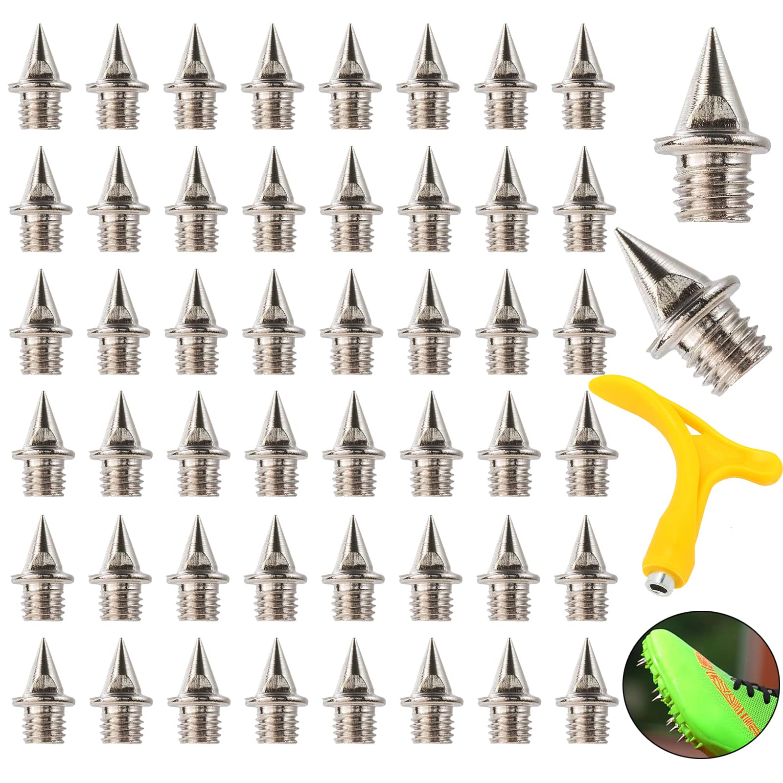 WUDQIJI Spike Nails 50 Pack, 7mm x 5mm, Replacement Athletics Spikes for Sports Shoes, Track Spikes, Cross-Country Spikes, with Spike Key, Silver