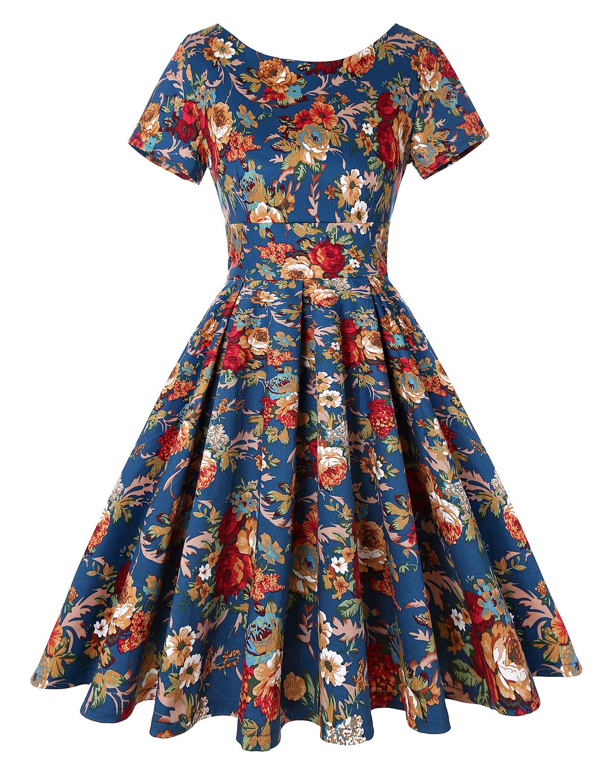 Womens-1950s-Retro-Vintage-A-Line-Short-Sleeves-Cocktail-Swing-Party-Dress-Floral-Navy-BlueSize-XXL