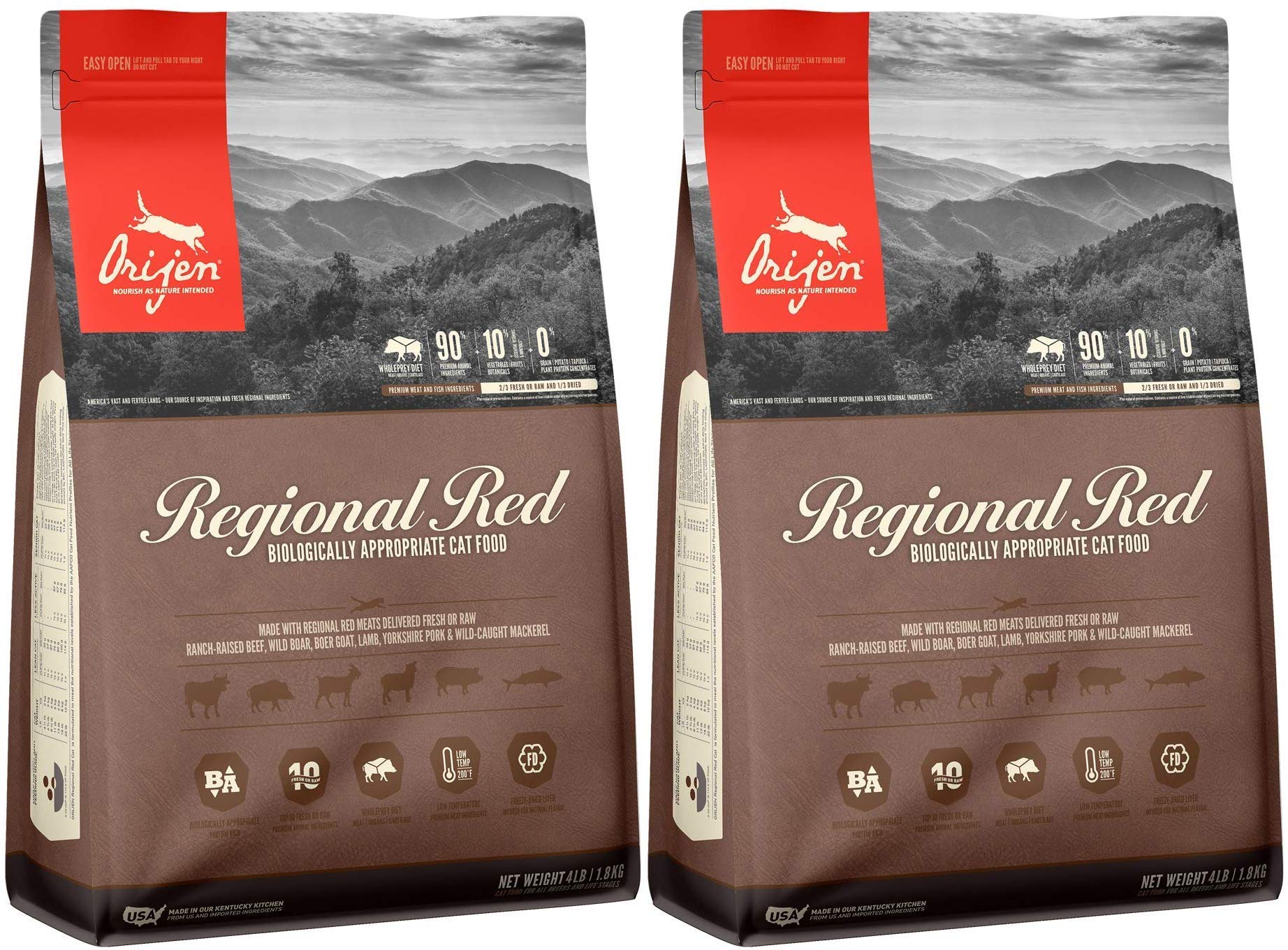 Orijen 2 Pack of Regional Red Biologically Appropriate Cat Food, 4 Pounds Each, Grain-Free, Made in 