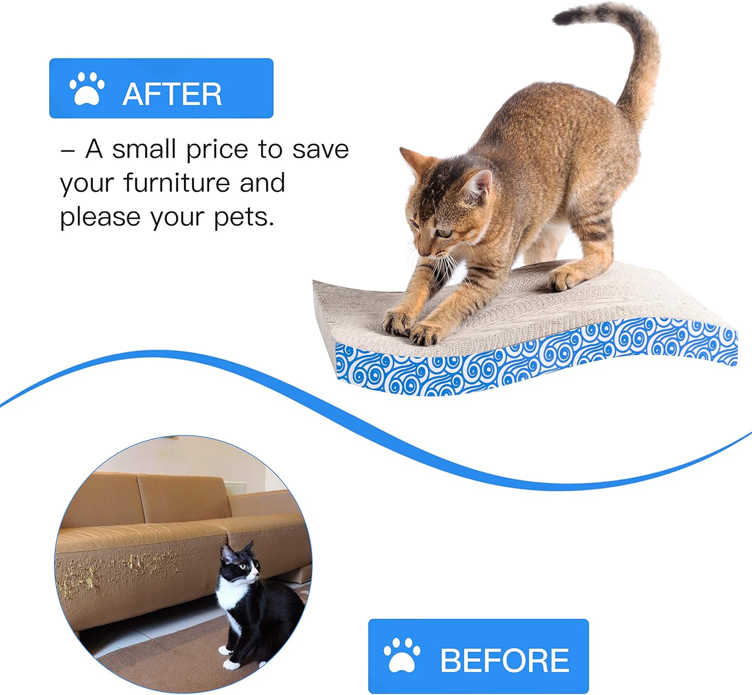 Karaseno Cat Scratch Pad, Cat Scratcher Cardboard, Cat Scratching Pad, Unique Double Texture Surface Durable Design, Wave Curved Shape, Reversible, with 100% Organic Catnip (Blue) : Pet Supplies