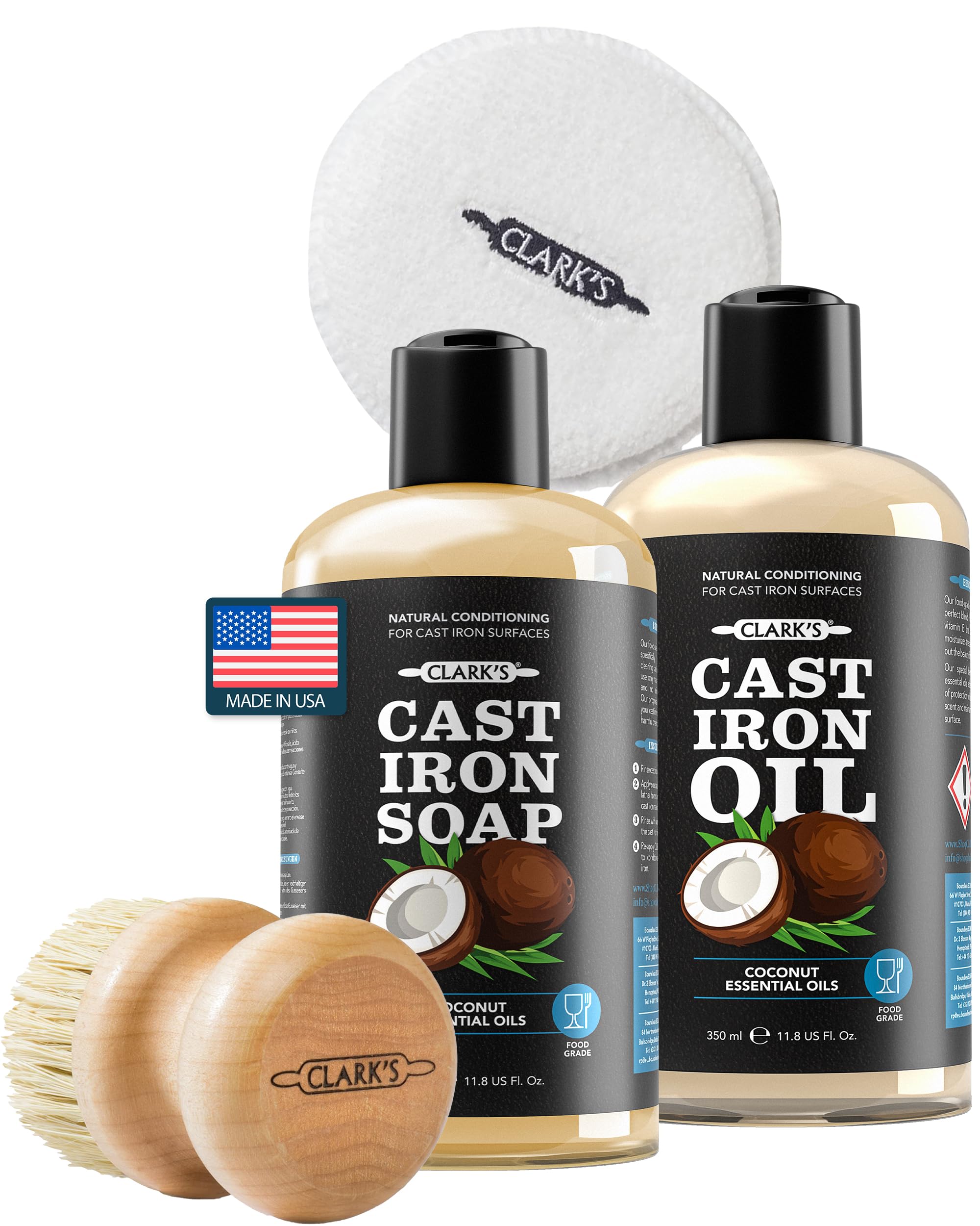 CLARK'S Complete Care Kit for Cast Iron | Seasoning Oil, Soap, Scrub Brush and Applicator Pad | Maintain All Cast Iron and Carbon Cookware