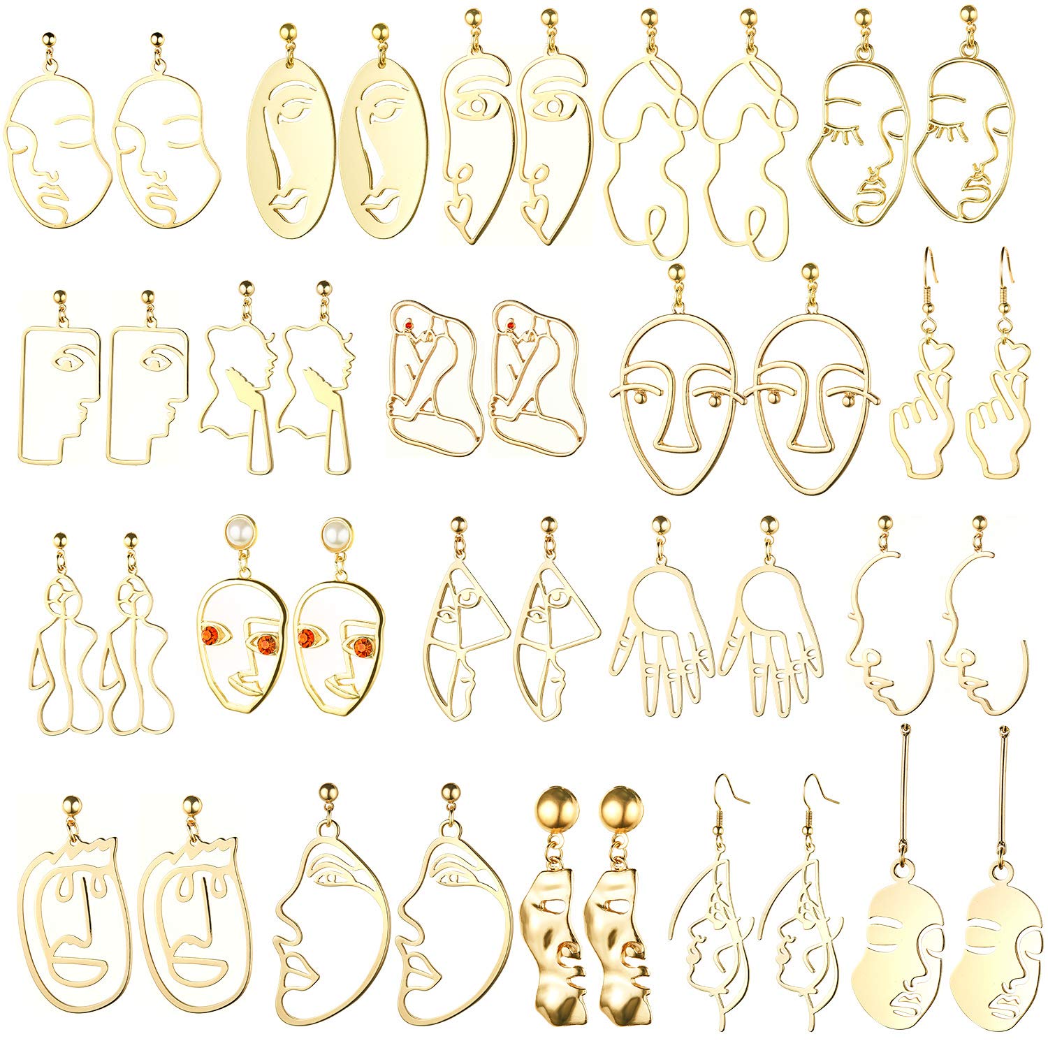 20 Pair Human Face Abstract Design Earrings Face Hand Earrings Hollow Hand Shaped Geometric Earrings