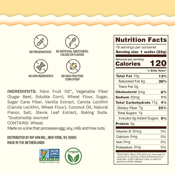 RIP VAN VANILLA KETO WAFER COOKIES, HEALTHY VEGAN SNACK, NON GMO, LOW CARB, LOW SUGAR (1G), LOW CALORIE, 16 COUNT