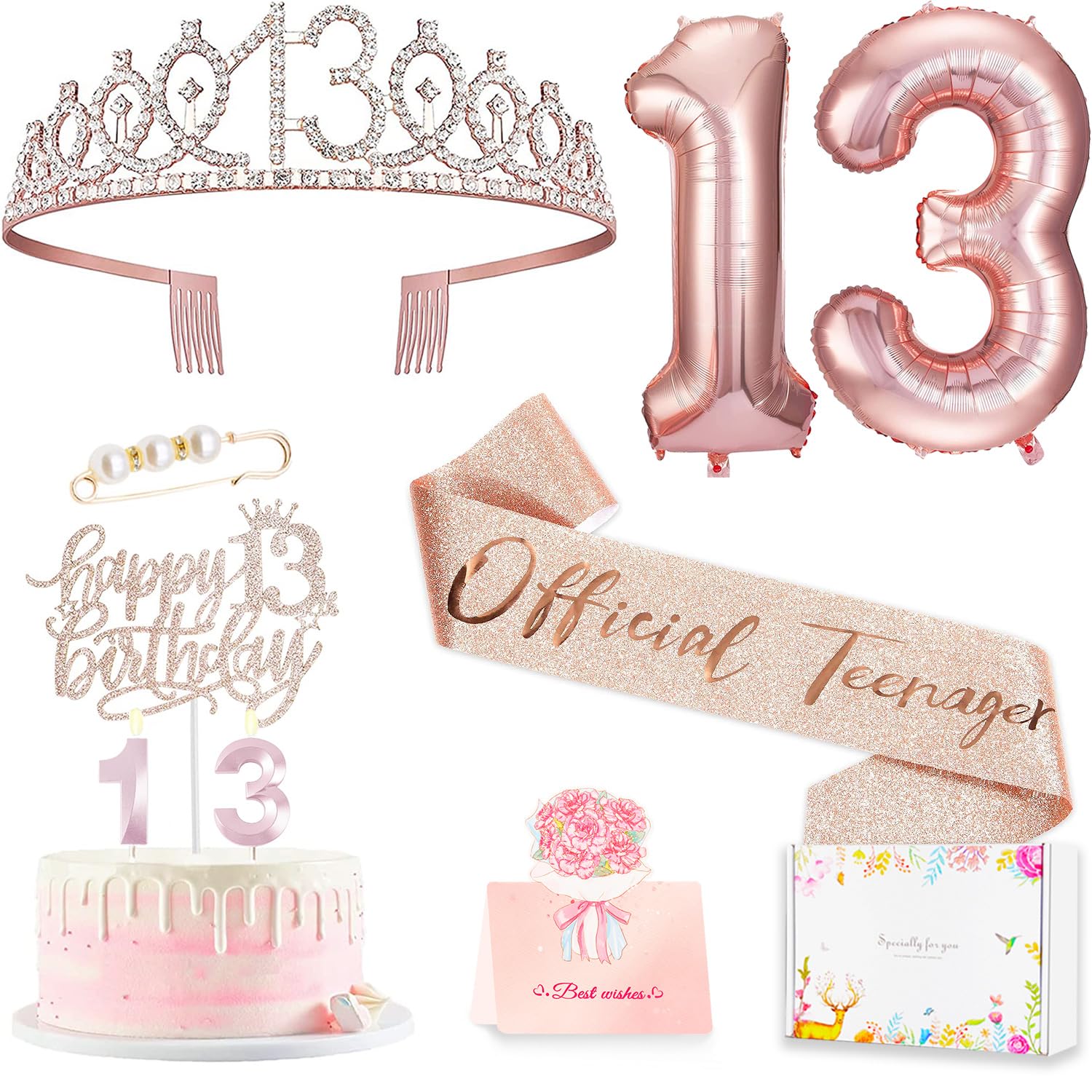 Photo 1 of 13th Birthday Decorations for Girls, Including 13th Happy Birthday Cake Toppers, Queen Sash with Pearl Pin, Sweet Rhinestone Tiara Crown, Number Candles and Balloons Set, Rose Gold