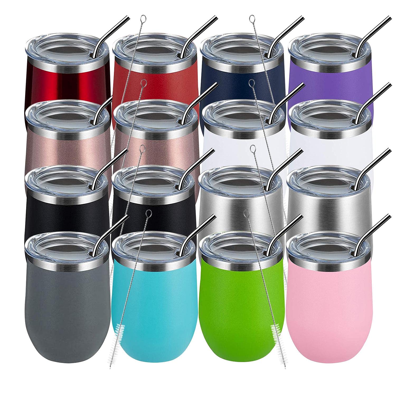MEWAY 12oz Wine Tumbler Mix Color 16 Pack Bulk Gifts for Women, Vacuum Stainless Steel Travel Mug with Lid,Insulated Stemless Wine Cup Glass for Coffee,Cocktails,Drinks(Mix,Set of 16) Image