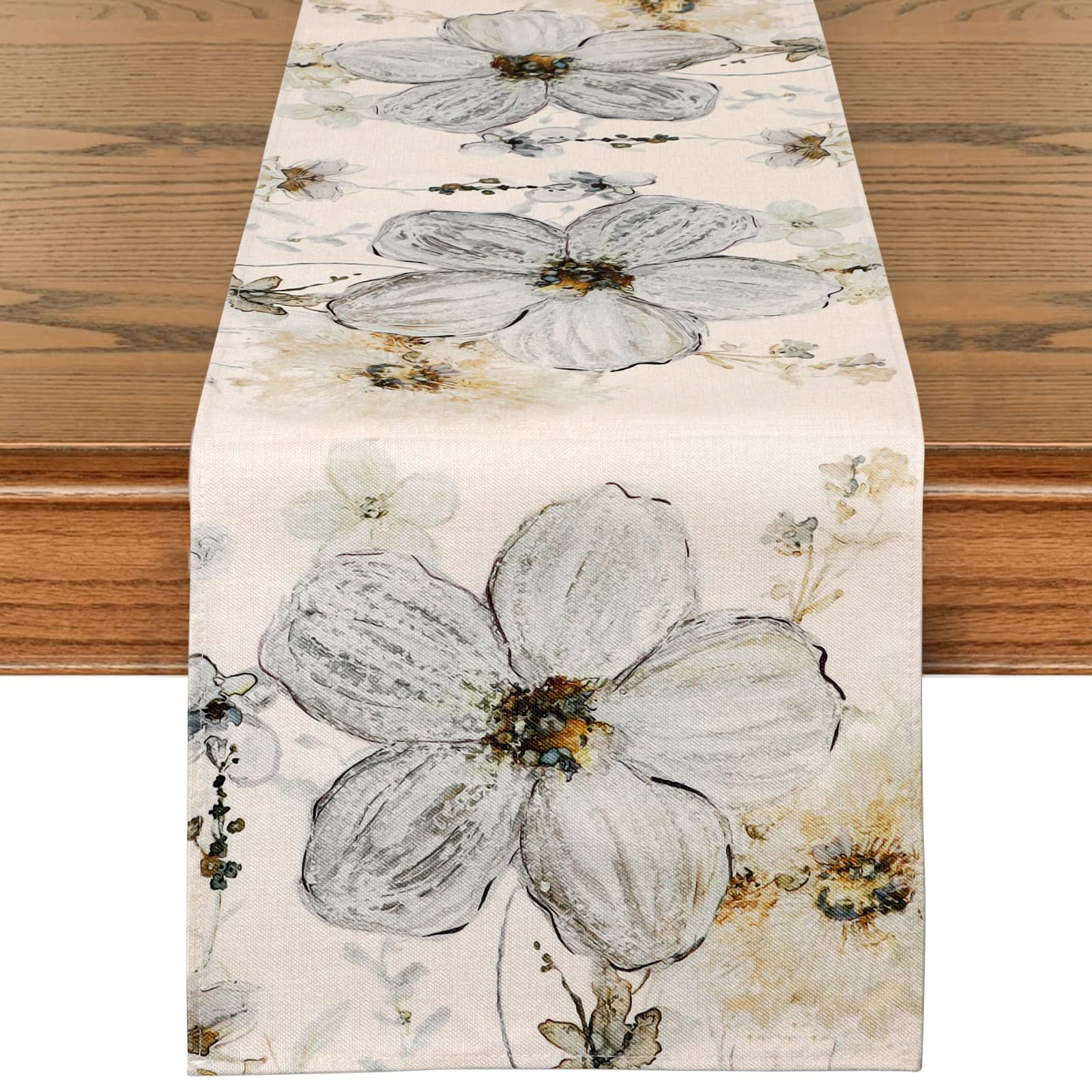 Weldomcor Floral Table Runner Ink Peach Blossom Table Cover Rustic Table Runner Vintage Cotton Linen Table Covers for Kitchen Coffee Summer Spring Holiday Dining Table Home Living Room Decor