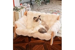 CHEERHOME PETS Elevated Cat Couch Bed for Indoor Cats, Wooden Cat Sofa with Removable Washable Fluffy Cover Raised Kitty Lounge Chair Suitable for Puppy(Cat Sofa Off-White)