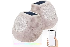 NiceBuy Rock Speakers Outdoor Waterproof Solar Set of 2 Rock Speaker Bluetooth Wireless Bass Solar Powered Garden Speakers with TWS Pair&RGB Colors&DC Charge for Outside Patio Deck BBQ