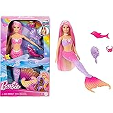 Barbie Mermaid Doll, “Malibu” with Pink Hair, Styling Accessories, Pet Dolphin and Water-Activated Color Change Feature