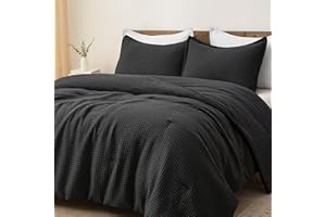 PHF Ultra Soft Waffle Weave Comforter Set Queen Size, 3 Pieces Lightweight Breathable Comfy Bedding Set, Comfy Textured 1 Comforter with 2 Pillow Shams, Black