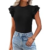 KIRUNDO Summer Sweaters for Women Lightweight 2025 Fall Ruffle Short Sleeve Business Casual Tops Slim Soft Knit T Shirts