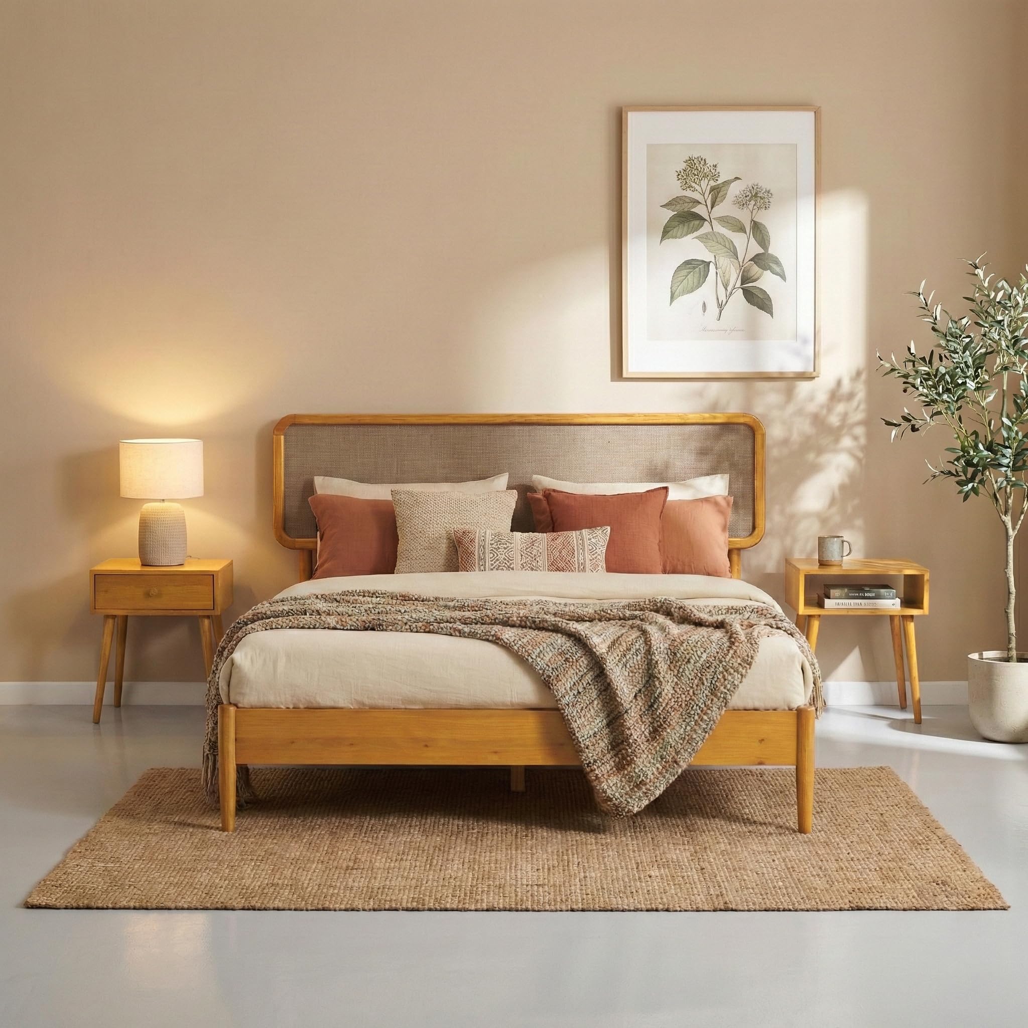 Photo 1 of NTC Lupin Wooden Bed Frame with Headboard, Solid Oak and Rubber Wood Foundation with Silent Slats and Wood Central Supports, 1000 Lb Capacity (Rustic Oak, Queen)