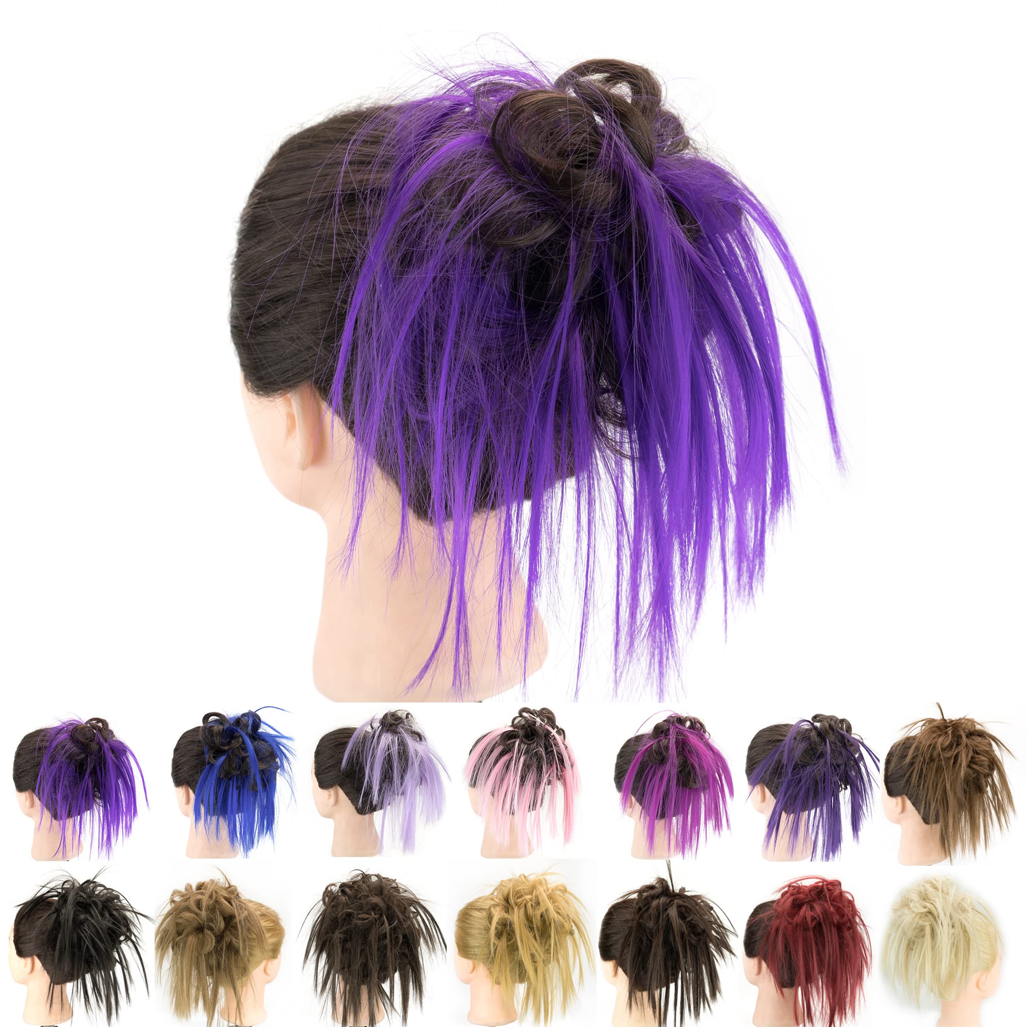 IMISSU 2PCS Messy Hair Bun Piece Updo Fake Scrunchies Extension Wavy Curly Hairpieces Ponytail Chignon Headband for Women Girls (2PCS Brown Violet)
