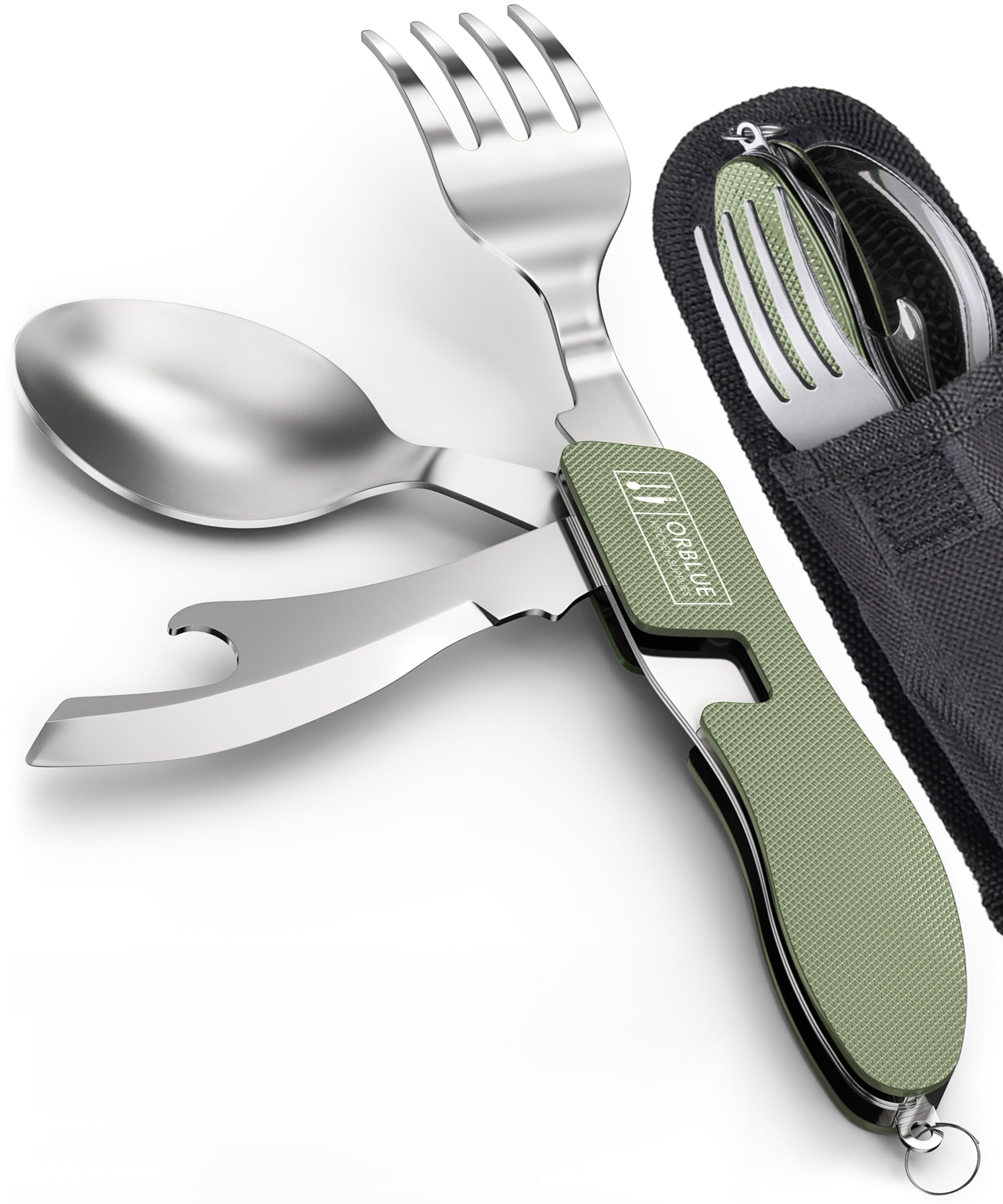 ORBLUE 4-in-1 Camping Cutlery Set 2-Pack – Stainless Steel Foldable Spoon Fork Knife Bottle Opener with Pouch – Portable Travel Cutlery & Camping Utensils for Hiking & Outdoor Use – Olive Green