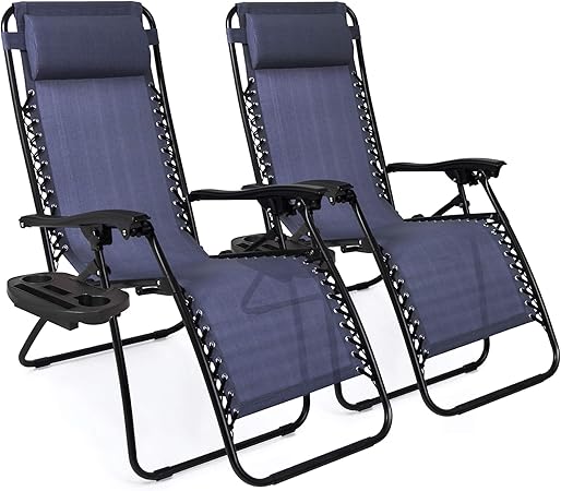 Amazon Com Best Choice Products Set Of 2 Adjustable Steel Mesh Zero Gravity Lounge Chair Recliners W Pillows And Cup Holder Trays Blue Garden Outdoor