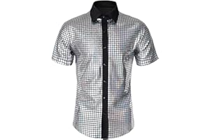 BONGZUO Mens 70s Shirt Short Sleeve Sequin Button Down Top Party Disco Outfit