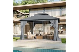 Aoxun 10'x12' Outdoor Patio Gazebo, Heavy Duty Gazebo with Wind-Resistant Ropes, Metal Frame Party Tent with Mosquito Nettings and Privacy Screens Canopy for Backyard, Deck,Garden, Lawn, (Grey)