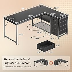 PRAISUN 53" L Shaped Desk with Power Outlets and