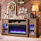 ACCOHOHO Farmhouse Fireplace TV Stand for 80 Inch TV, Entertainment Center w/ 36'' Electric Fireplace & LED Lights, Mordern Media Console with Storage Drawers & Cabinets for Living Room, Light Brown