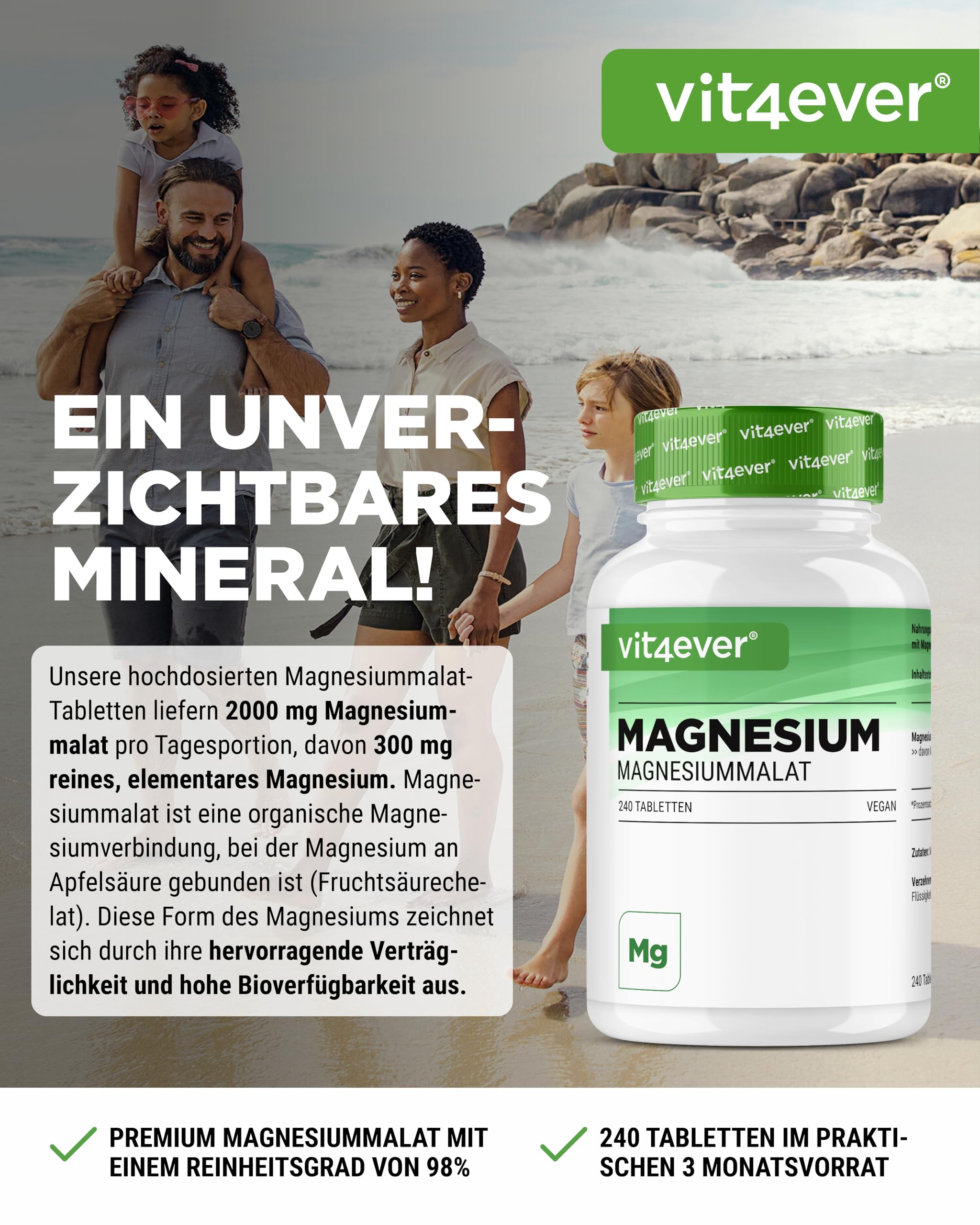 vit4ever Magnesium Malat - 240 Tabletten - 300 mg Magnesium 2