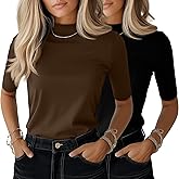 Ficerd 2 Pack Women's Mock Turtleneck T Shirts, Half Sleeve Business Casual Tunic Tops Slim Fit Summer Basic Dressy Tee Shirt