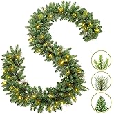 KING BIRD Pre-lit Christmas Garland, 9 FT by 12 Inch, Classic Green Christmas Garland with 50 Warm Lights 300 Branch Tips for Christmas