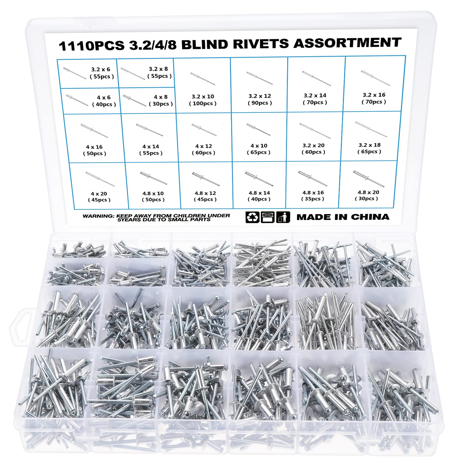 Gueenky 1110Pcs Pop Rivets Assortment, 3.2/4/4.8 mm Blind Rivets Aluminum Pop Rivets Large Flange, 20 Sizes Dome Head Pop Rivets for Metal Wood Plastic
